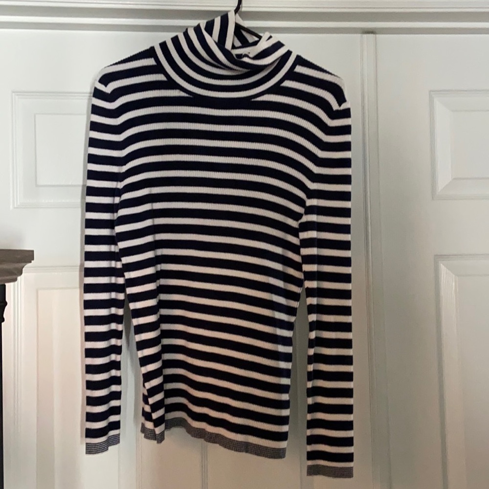 Blue and white striped turtle neck